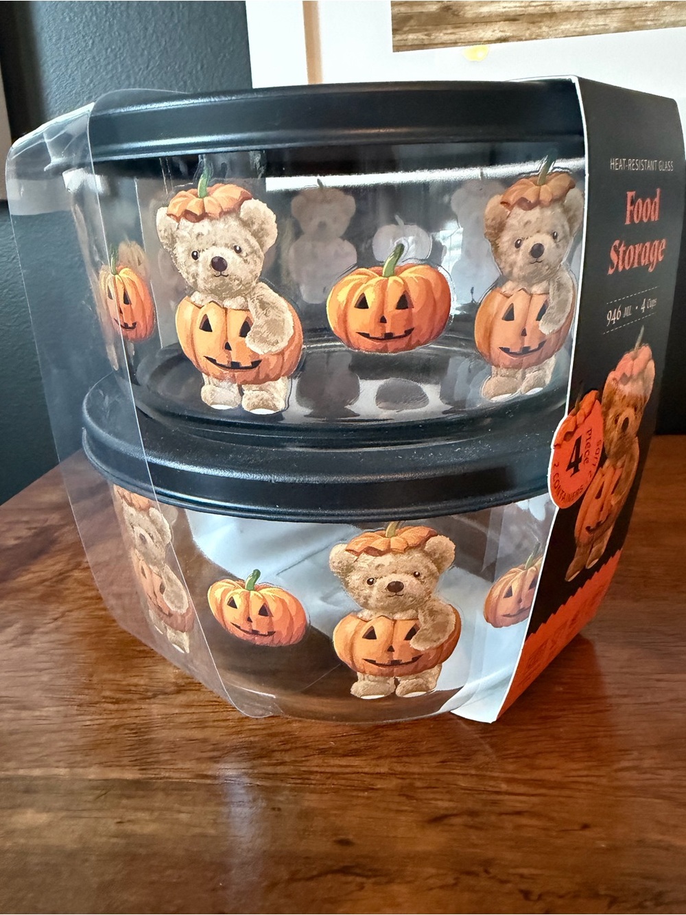Kitch Halloween Bear Pumpkin Glass Food Storage Bowls - Black Lids